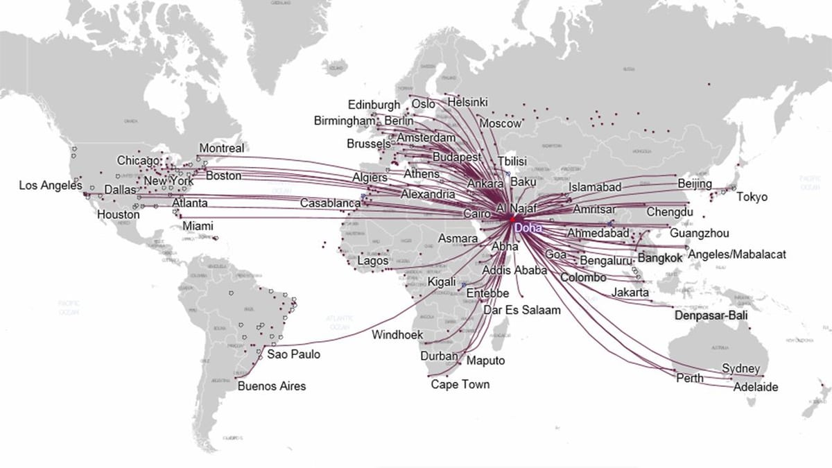 qatar airways, la carte de l'itinéraire de l'europe